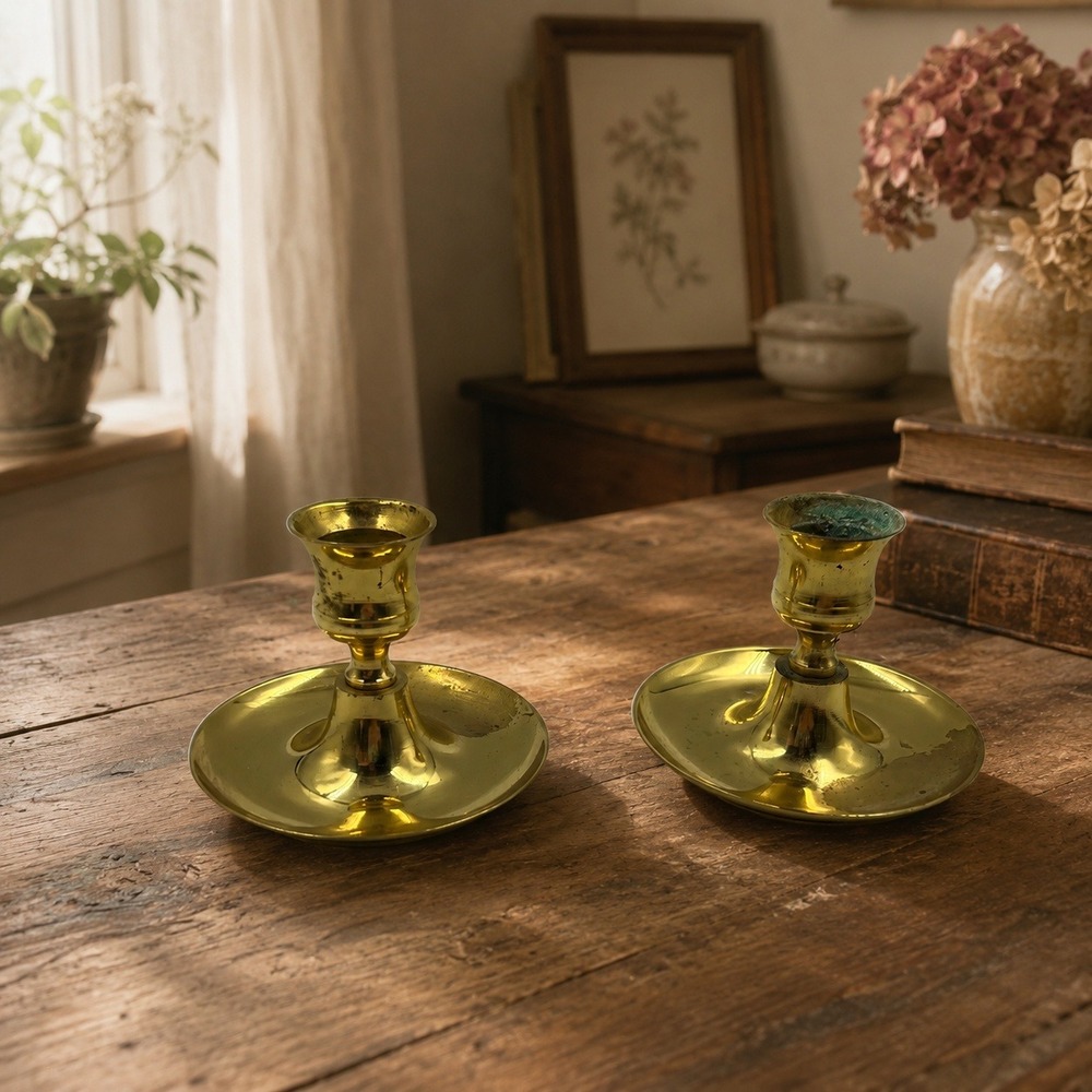 Vintage Solid Brass Chamberstick Candle Holders Pair Japan 4 Inch Drip Pan